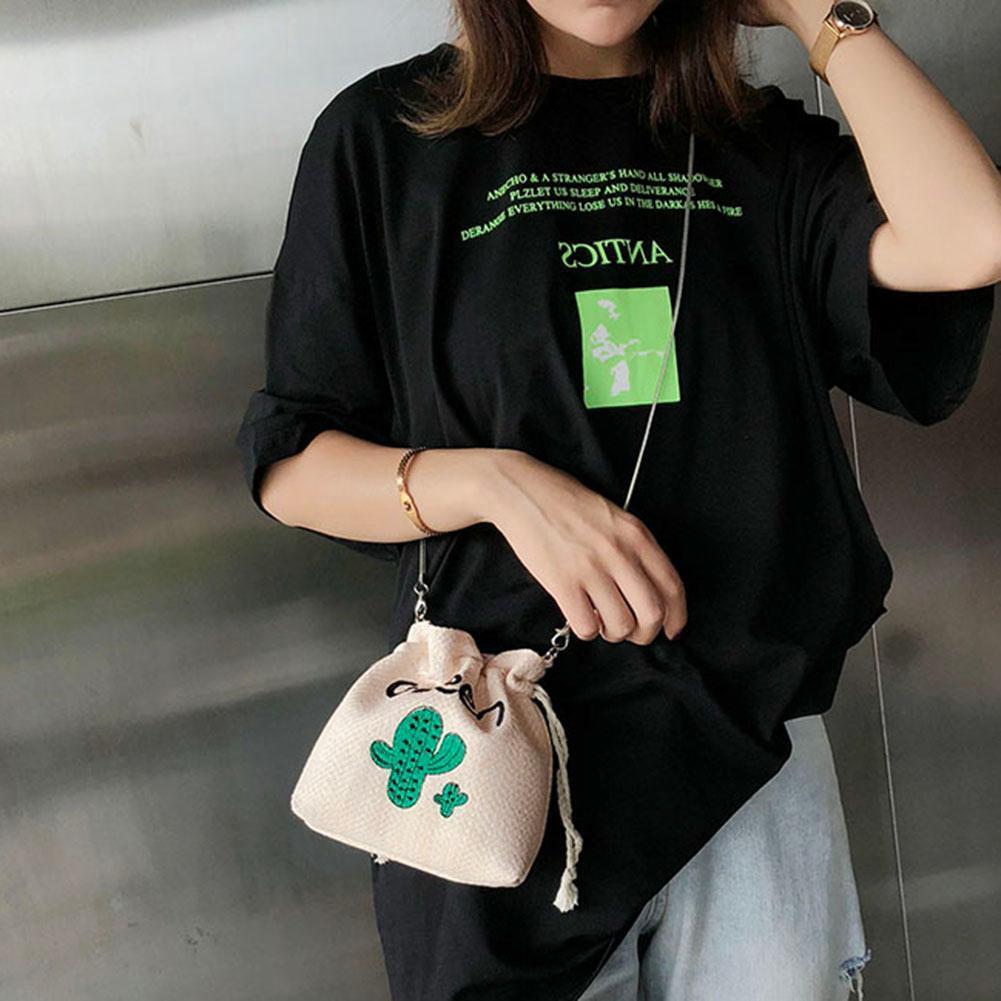 Cactus Embroidery Straw Crossbody Bucket Mini Women Chain Shoulder Bags