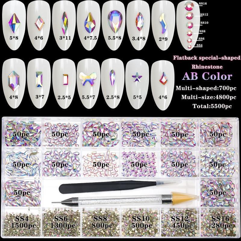 5500Pcs AB Rhinestones for Nails, Iridescent Crystal Nail Round Beads Flatback