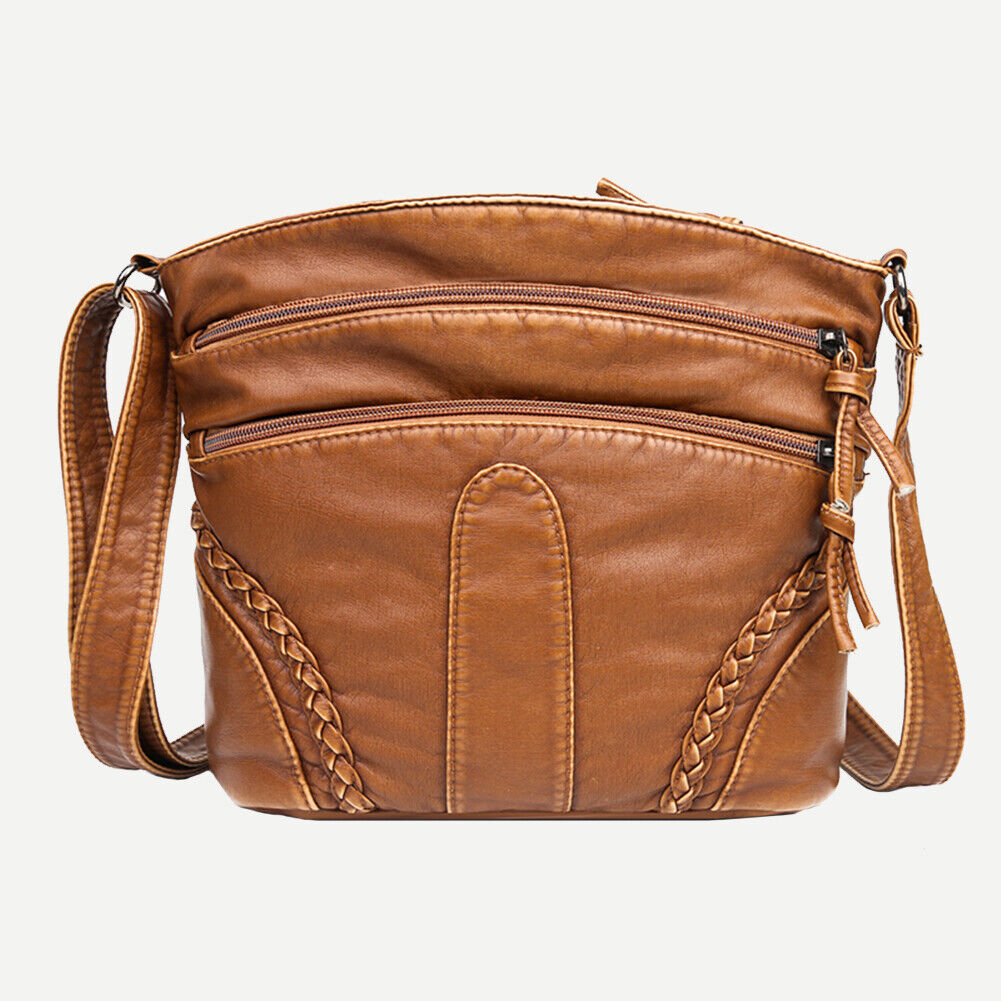Washable Soft PU Messenger Bag Women Multi Pocket Shoulder Pouch (Brown)