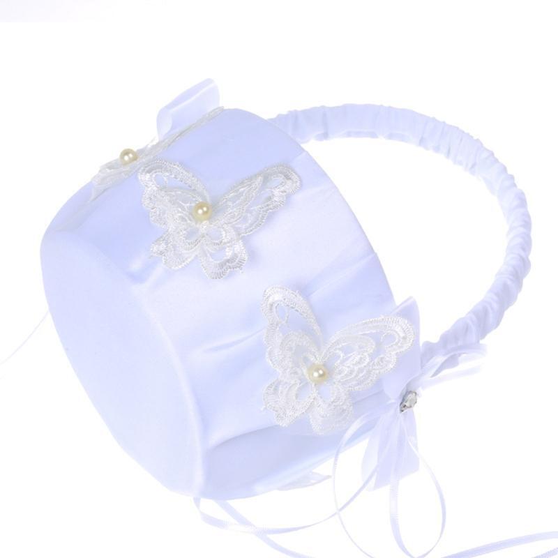 Wedding Flower Girl Baskets with Handle White Small Satin Flower Basket with Bow
