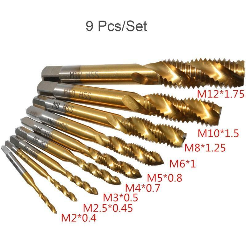 9pcs M2-M12 Titanium Coated High Speed Steel HSS Screw Thread Metric Spiral Taps