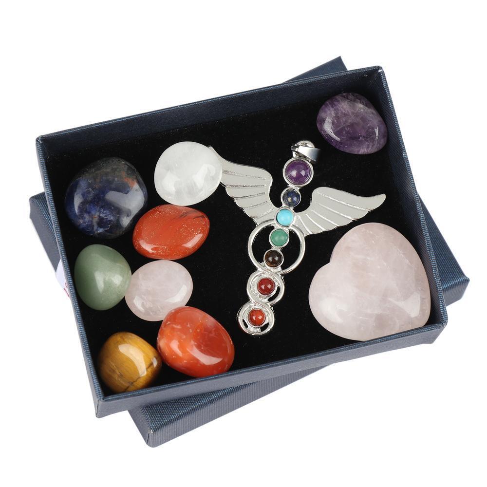 Energy Healing Stone Seven Chakra Stones Set Angel Necklace Heart Pink Crystal
