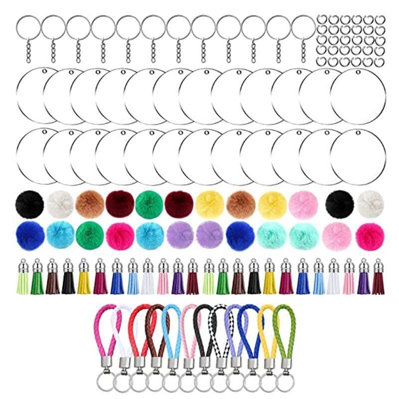 24 Pcs DIY Crafts Acrylic Leather Tassel Keychain Set with Color Woven Keychain