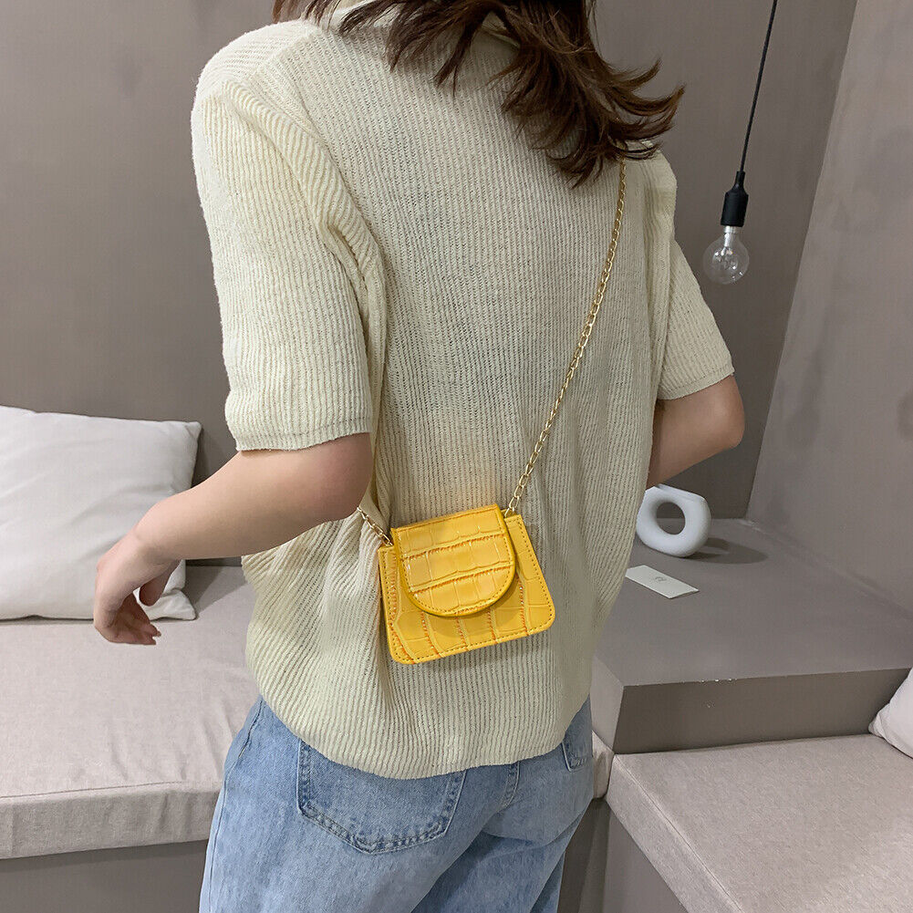 Pure Color Leather Mini Shoulder Bags Women Chain Messenger Bags (Yellow)