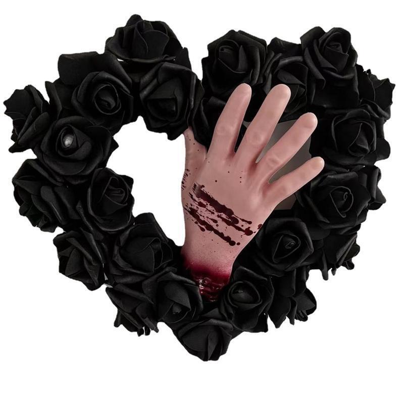 Black Halloween Wreath Heart Wreath Door Wreath with Bloodstain Hand Rose Decor