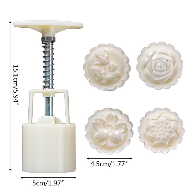 50g Mooncake Mold with 4 Round Rose Flower Stamps Cookie Cutter Hand Press Mould