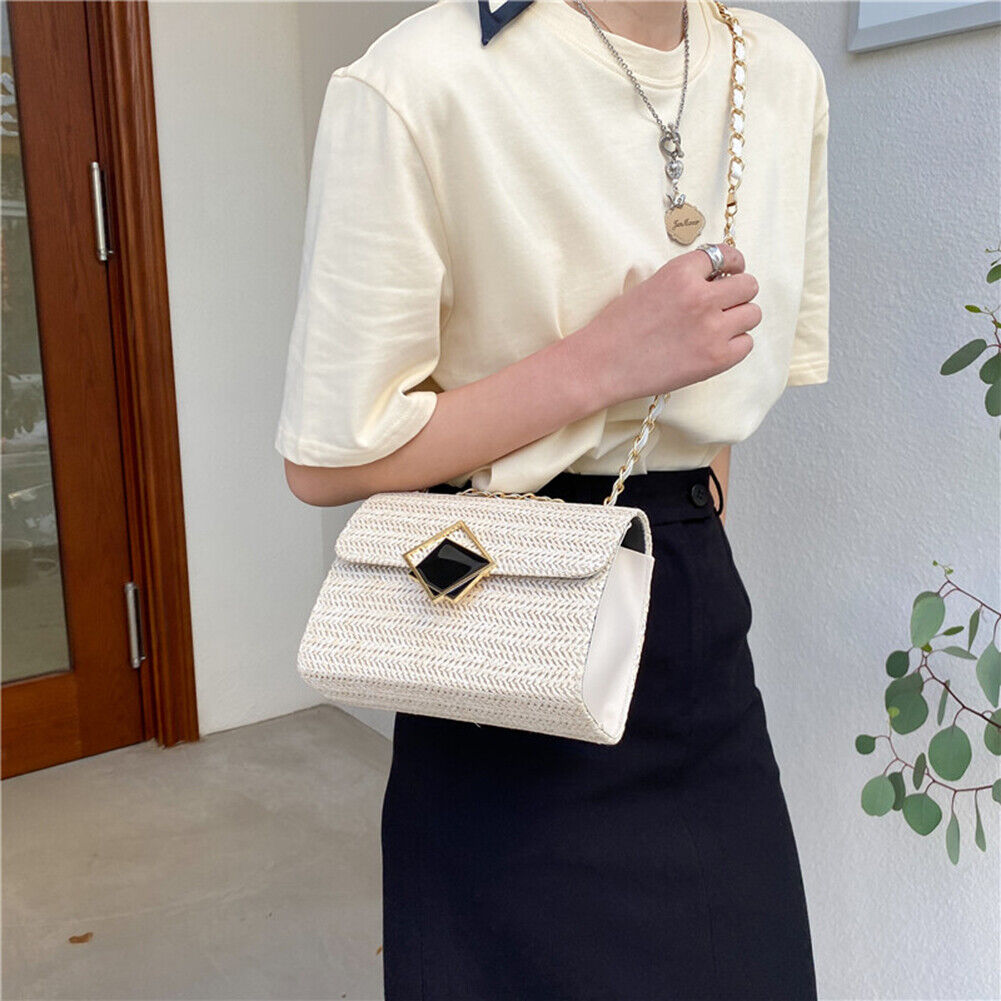 Fashion Women Woven Shoulder Underarm Bag Vacation Crossbody Bags (Beige)