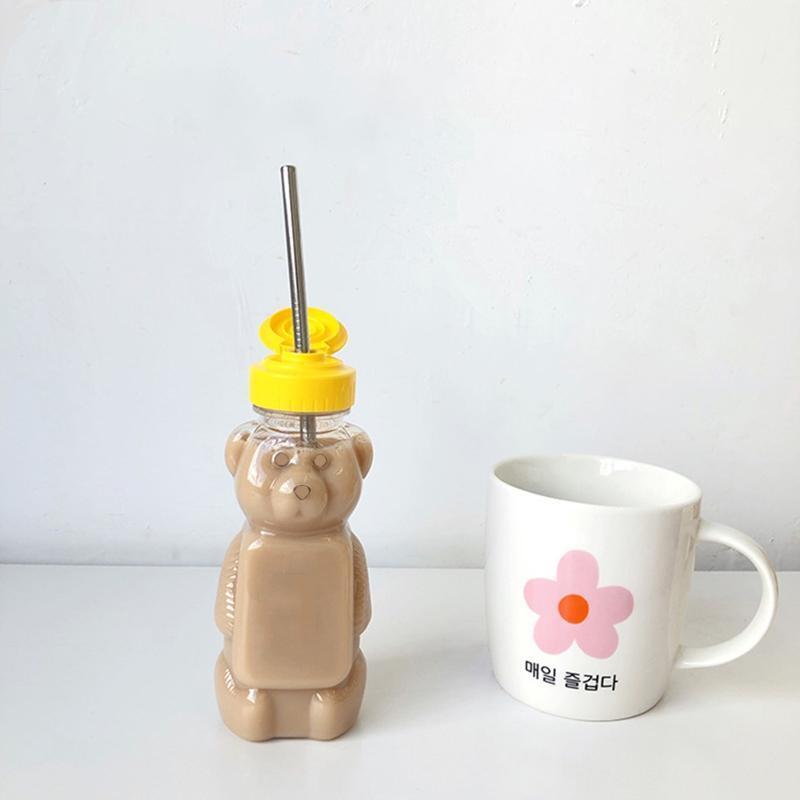 Lovely Cartoon Bear Straw Cup Water Bottle with Lid Leakproof Home Travel Couple
