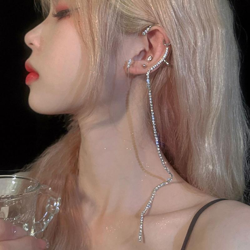 Chic Rhinestone Long Tassel Ear Cuffs for Women Creative Cos Fairy Earrings