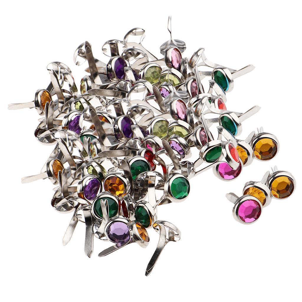 100 Pieces Assorted Color Metal Rhinestone Head Brads Paper Fasteners 7mm