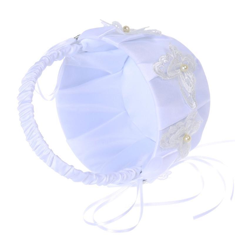 Wedding Flower Girl Baskets with Handle White Small Satin Flower Basket with Bow