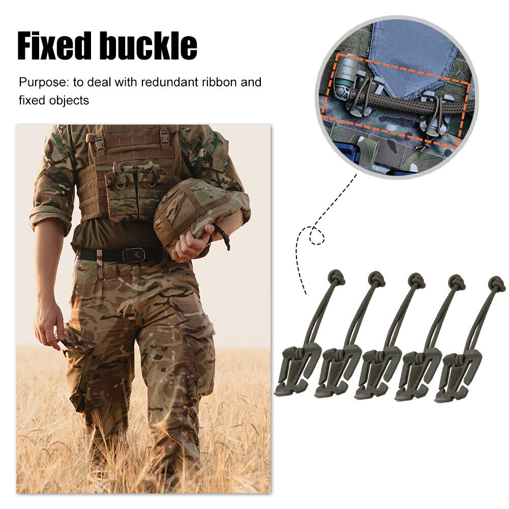 5pcs Molle Backpack Carabiner Elastic Rope Webbing Fix Buckle (Army Green)