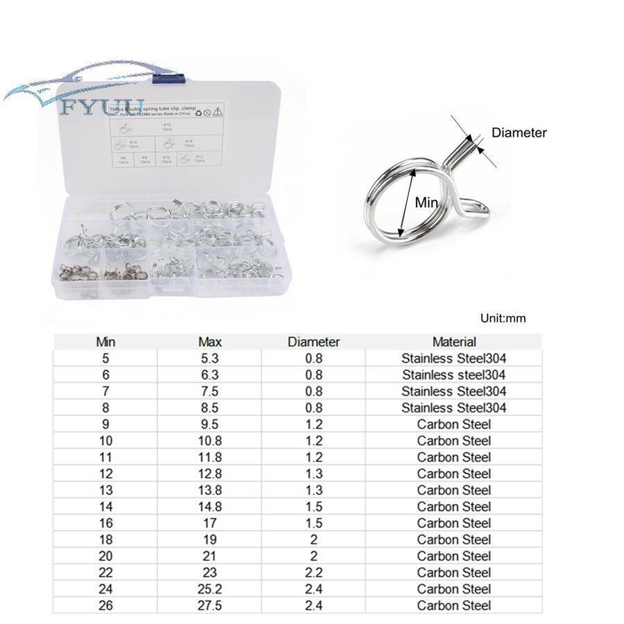 70Pcs For Car Motorcycle RV ?5-?18 Double Wire Fuel Line Hose Tube Spring Clamp