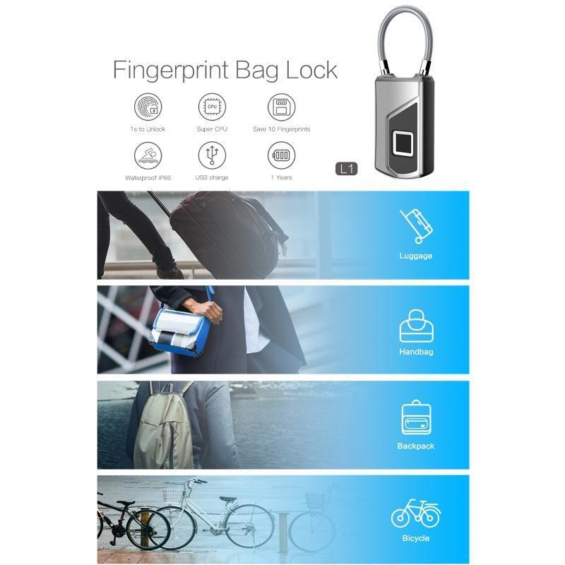 L1 Smart Fingerprint Padlock USB Recharge for Gym Locker Drawer Garage Warehouse