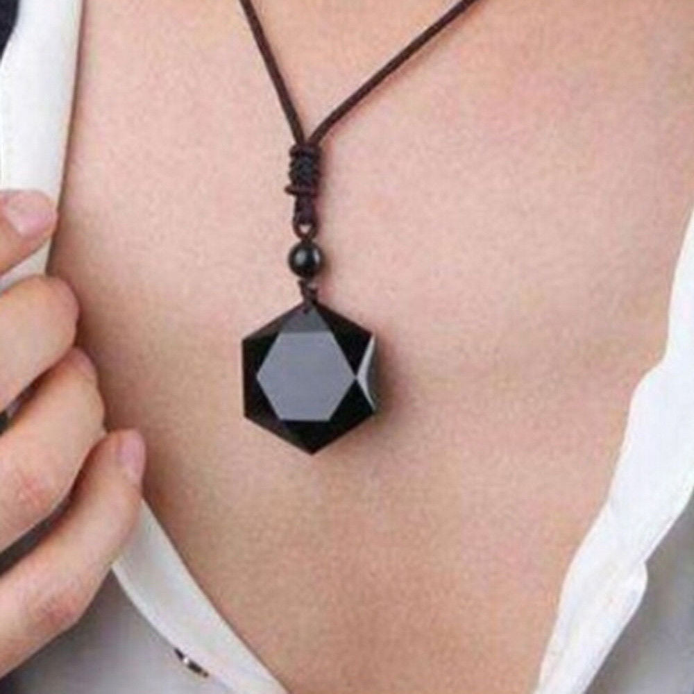 Men Blessing Jewelry Lucky Obsidian Pendant Necklace Amulet Hexagram Shape