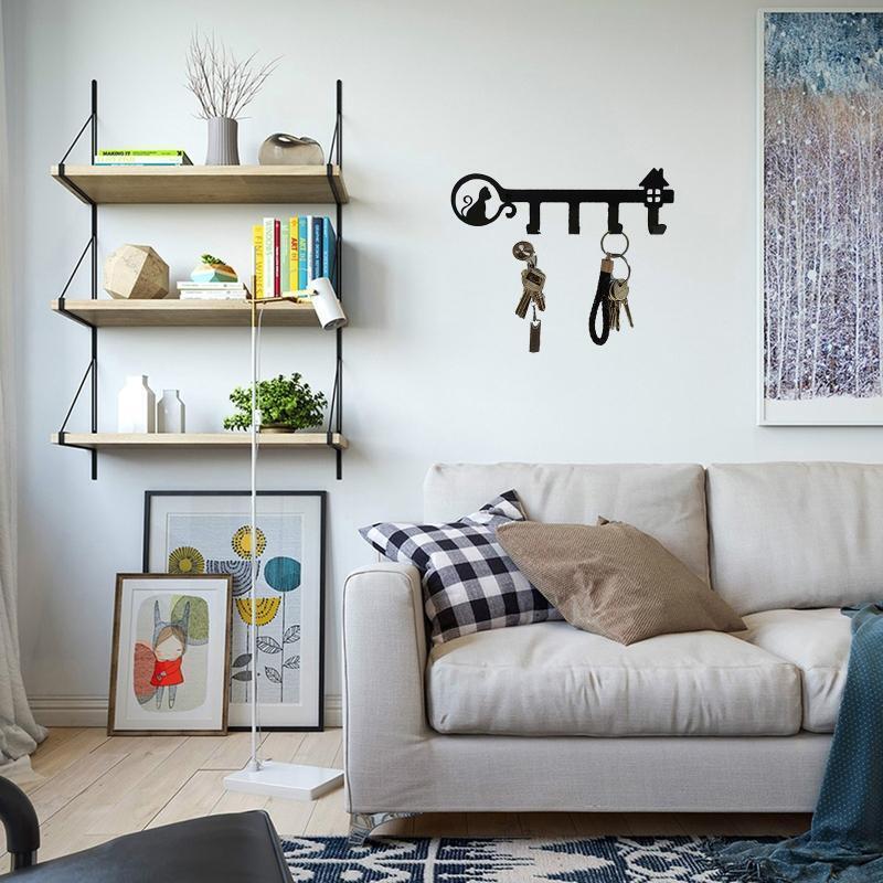 Black Metal Art Cat Household Punching Wall Hook Storage Hanger