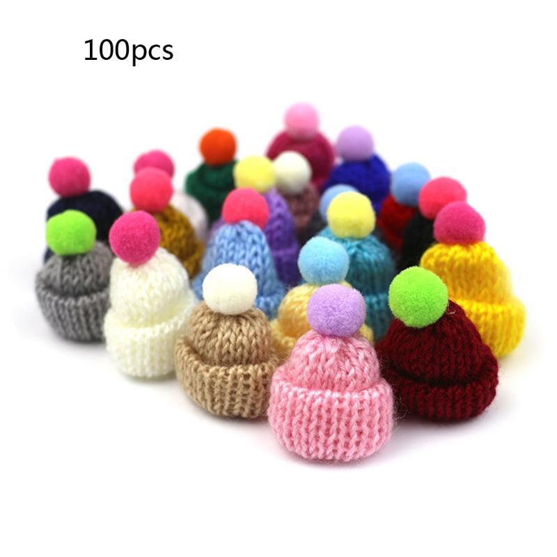 100 Pcs Pom Pom Hat Handmade Mini Finger Hat DIY Art Craft Brooch Jewelry Making
