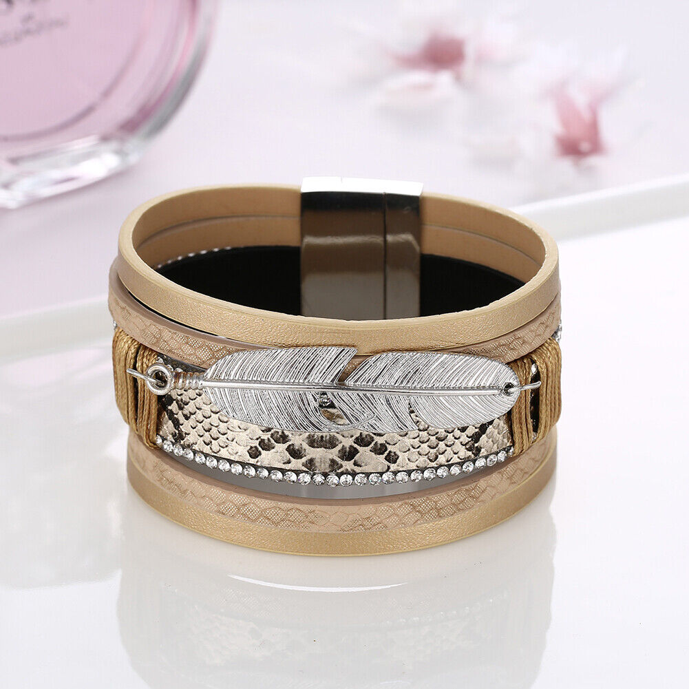 Alloy Feather Leaves Wide Magnetic Leather Bracelets Multilayer(Yellow)
