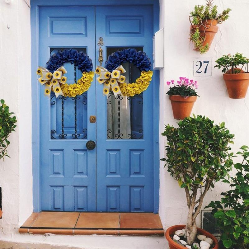 Ukraine Flag Ruffled Front Door Wreath with Sunflower Bowknot Garland Home Decor