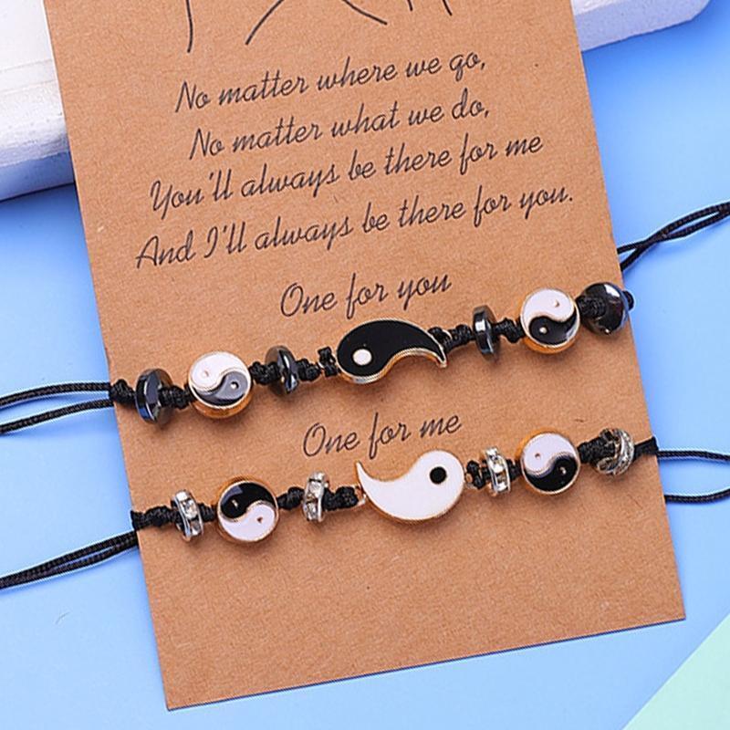 2Pieces Yin Yang Tai Chi Bracelet Adjustable Cord for Couples Friendship Lover