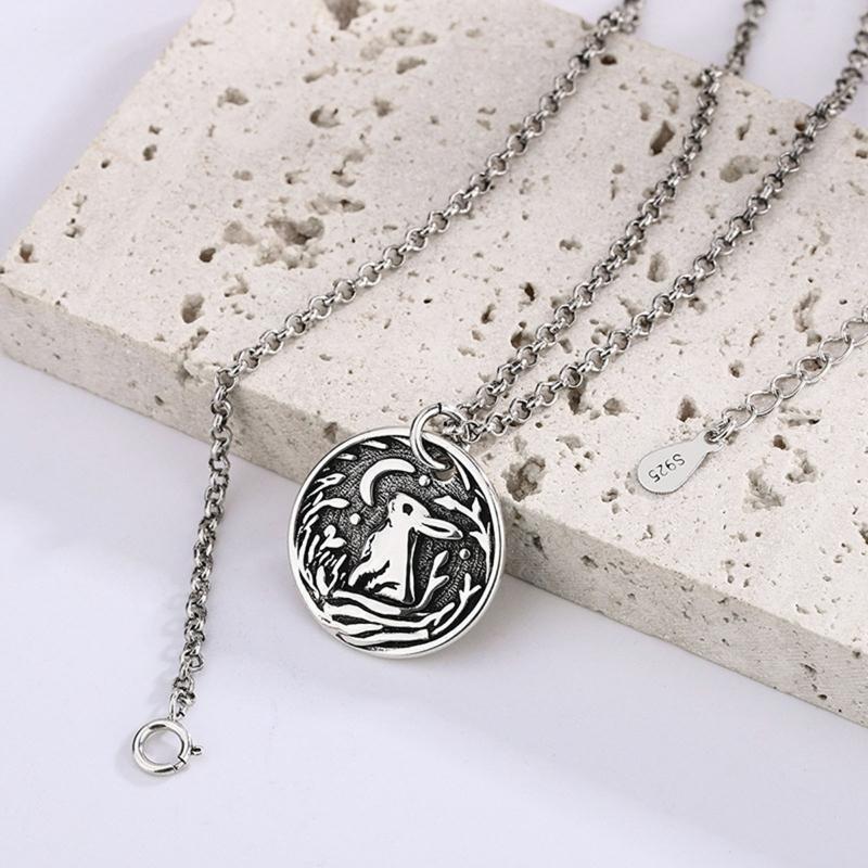 Rabbit Moon Medal Pendant Necklace Round Cute Animal Bunny Jewelry ChainNecklace