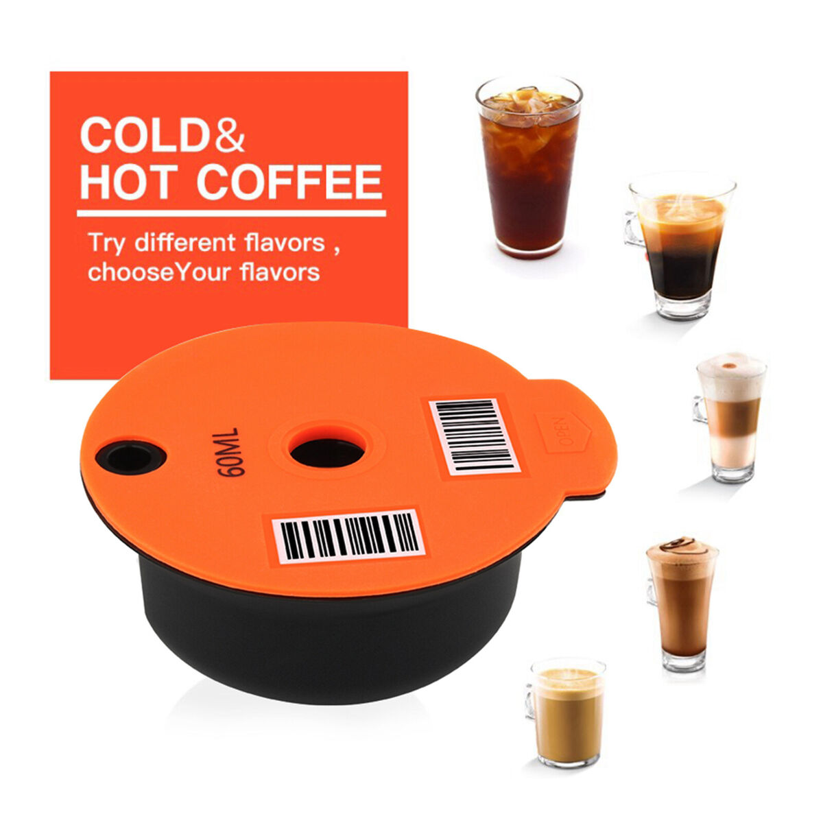 Reusable Coffee Capsule Pods Cups with Slicone Lid fit for Bosch Tassimo 60ml