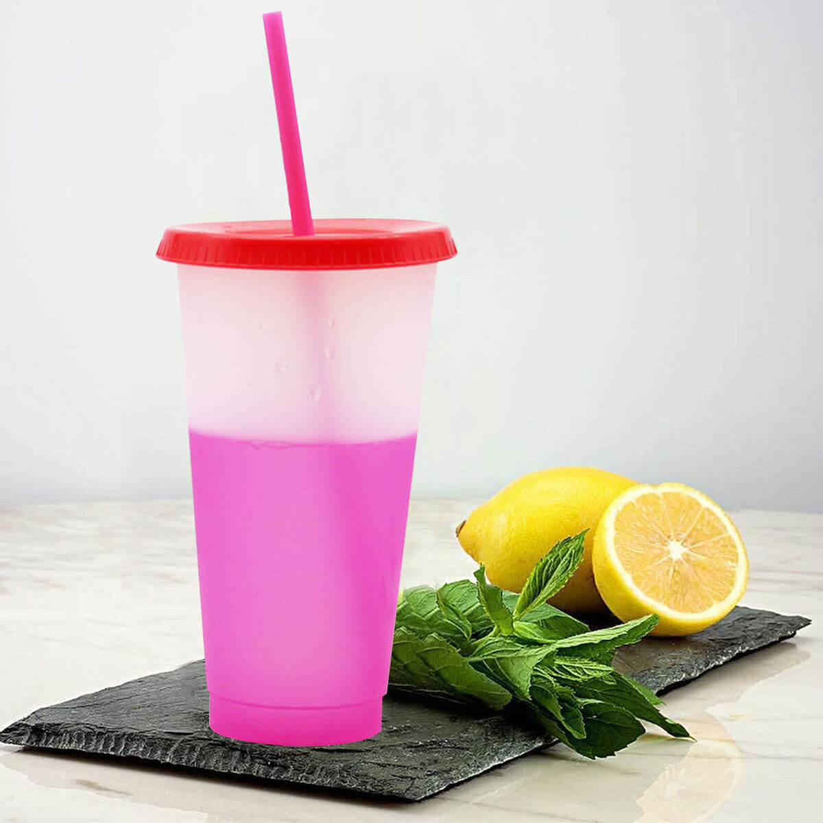 Plastic Color Changing Cup Cold Drink Sensing Travel Tumbler with Straw (C)