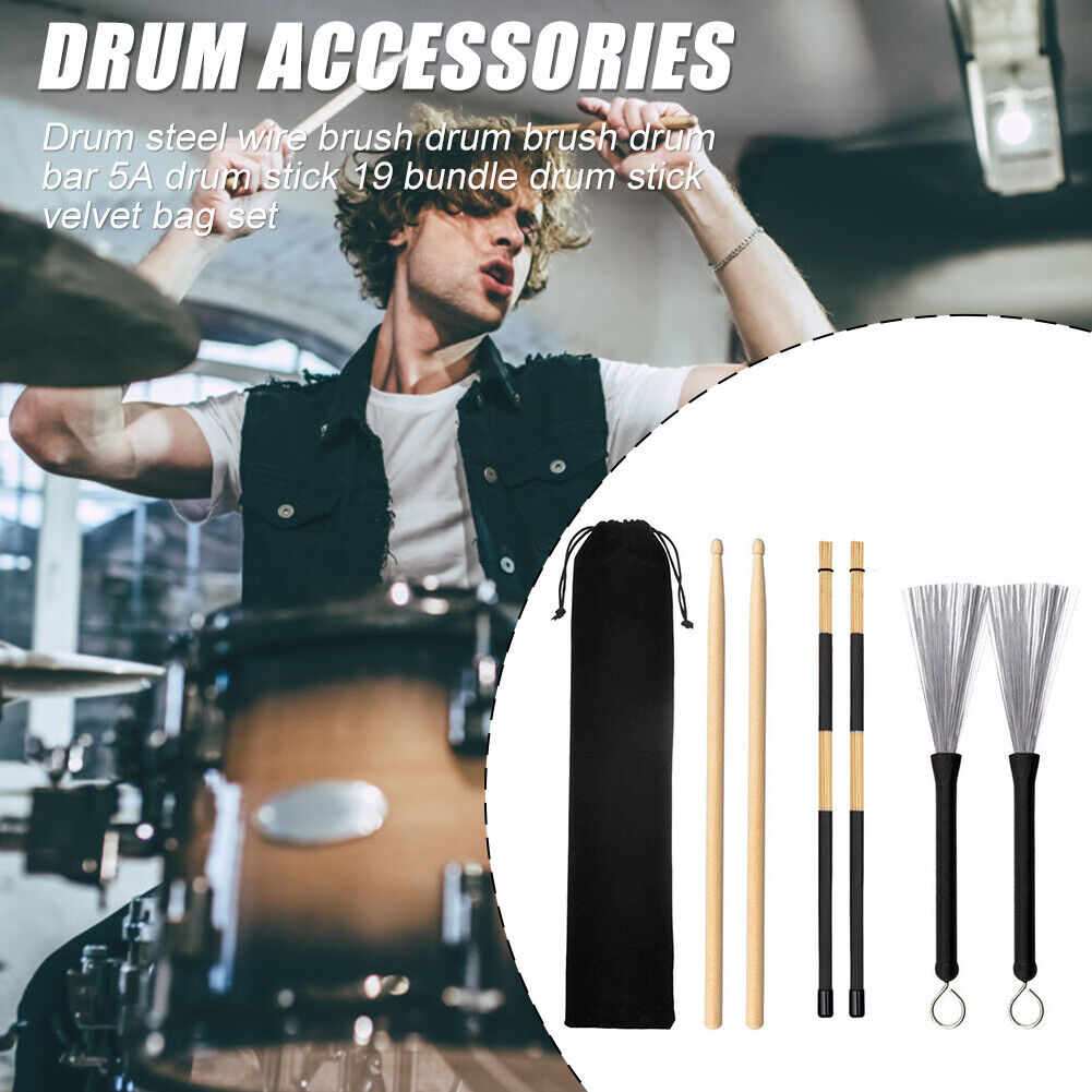 6x Drum Sticks Wood Drumsticks Wire Brush w/Carry Bag Percussion Instrument