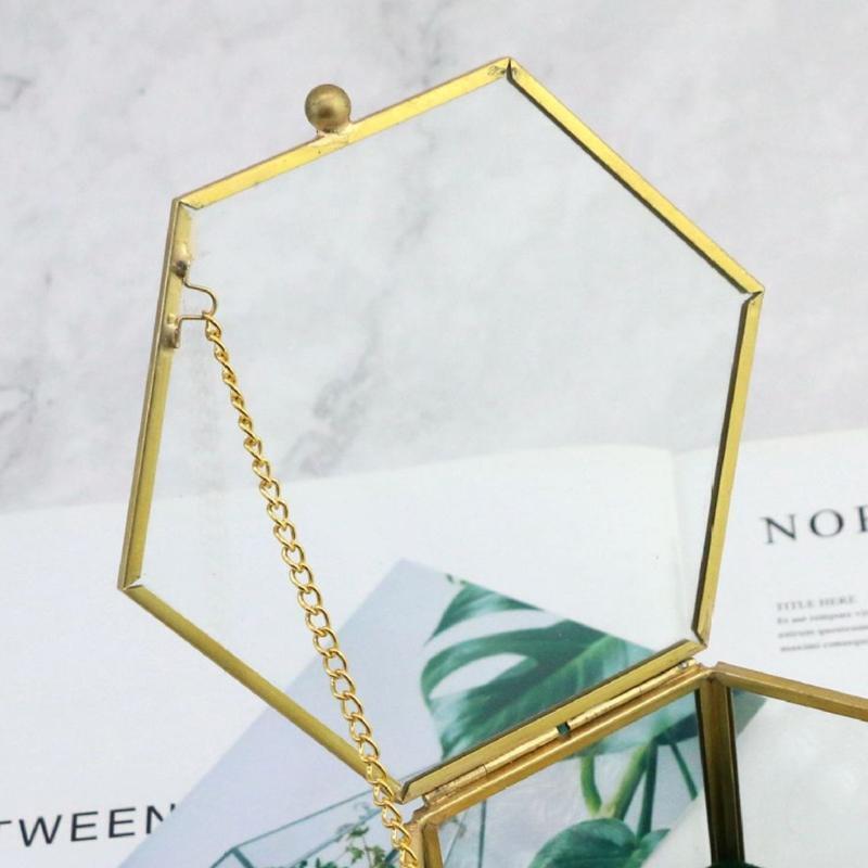 Hexagonal Clear Glass Metal Jewelry Box Decorative Slanted Top Lid Shadow Box