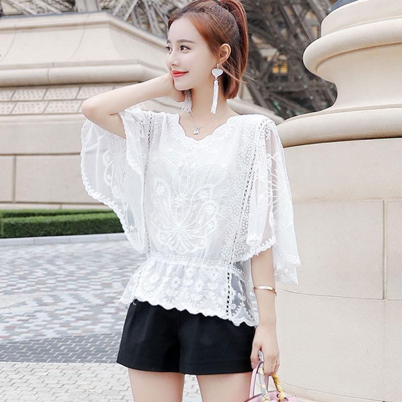 Women Embroidery Floral Lace Shirt Batwing Sleeve Ruffle Loose Chiffon Blouse