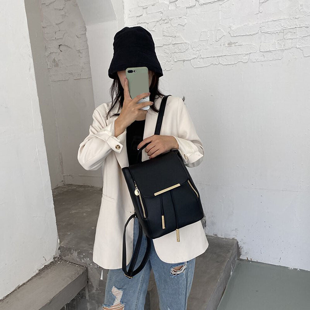 Fashion Women PU Pure Color Backpack Casual Drawstring Handbags (Black A)