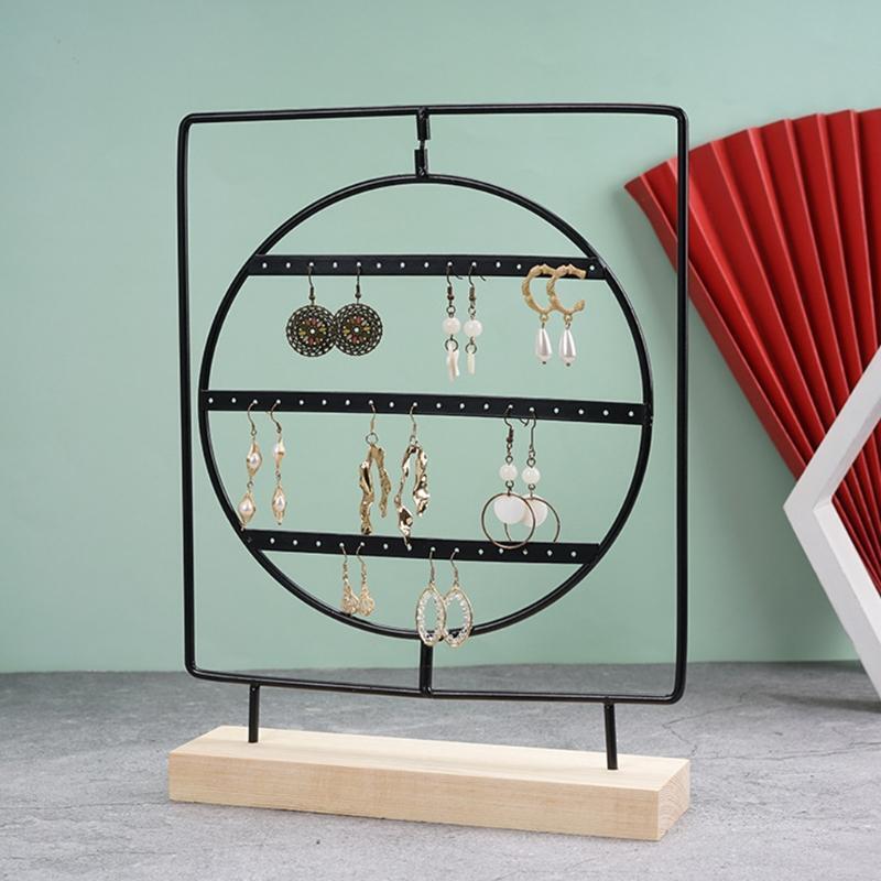 Jewelry Display Storage Rack with Wooden Base Earrings Holder Metal Stand Decor