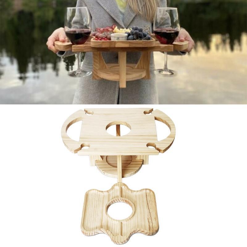 Portable Wine Rack Holder with Fruit Tray Foldable Mini Wooden Picnic Table Desk