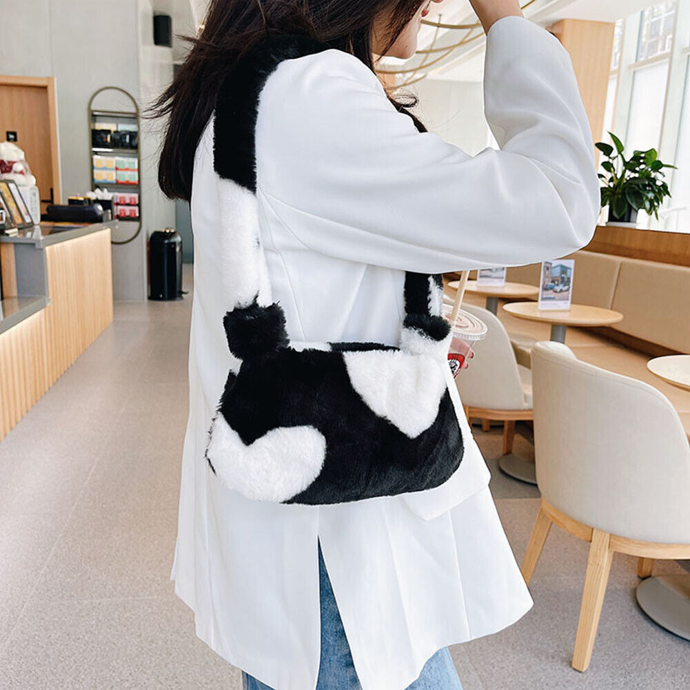 Fashion Women Flower Love Print Plush Shoulder Bag Handbags (Black Heart)