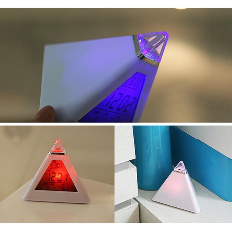 7 LED Colors Changing Pyramid Shaped Digital Alarm Clock Calendar Thermometer