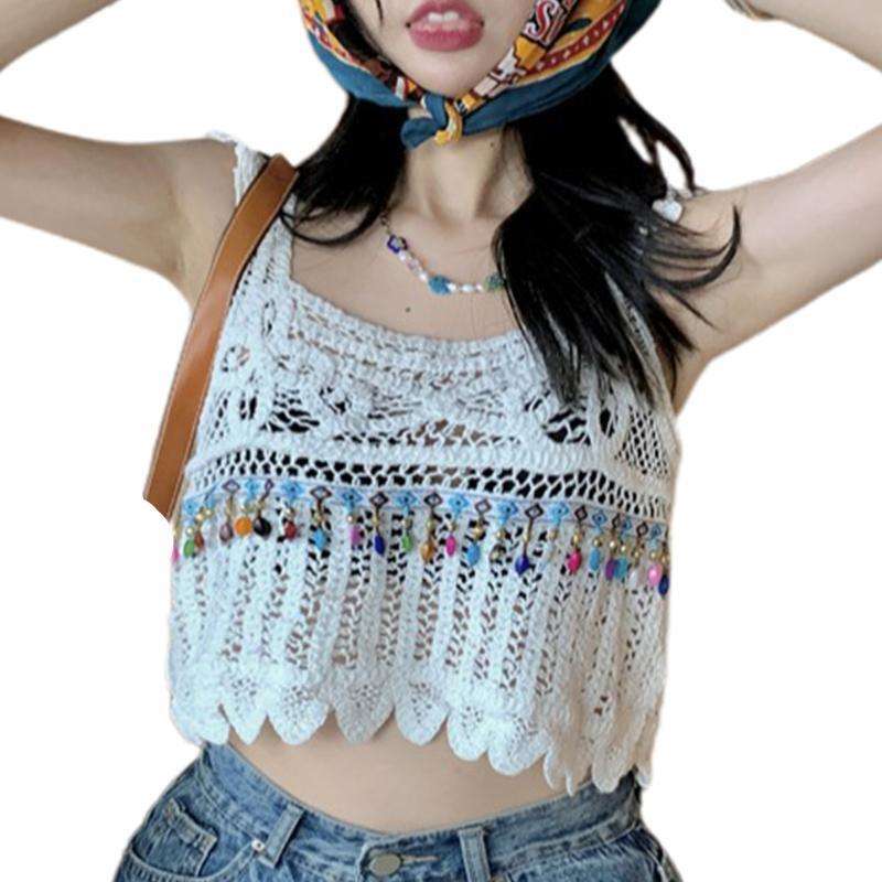 Women Hollow Crochet Sleeveless Crop Top Beach Knit Beaded Tassel Cover Up Vest