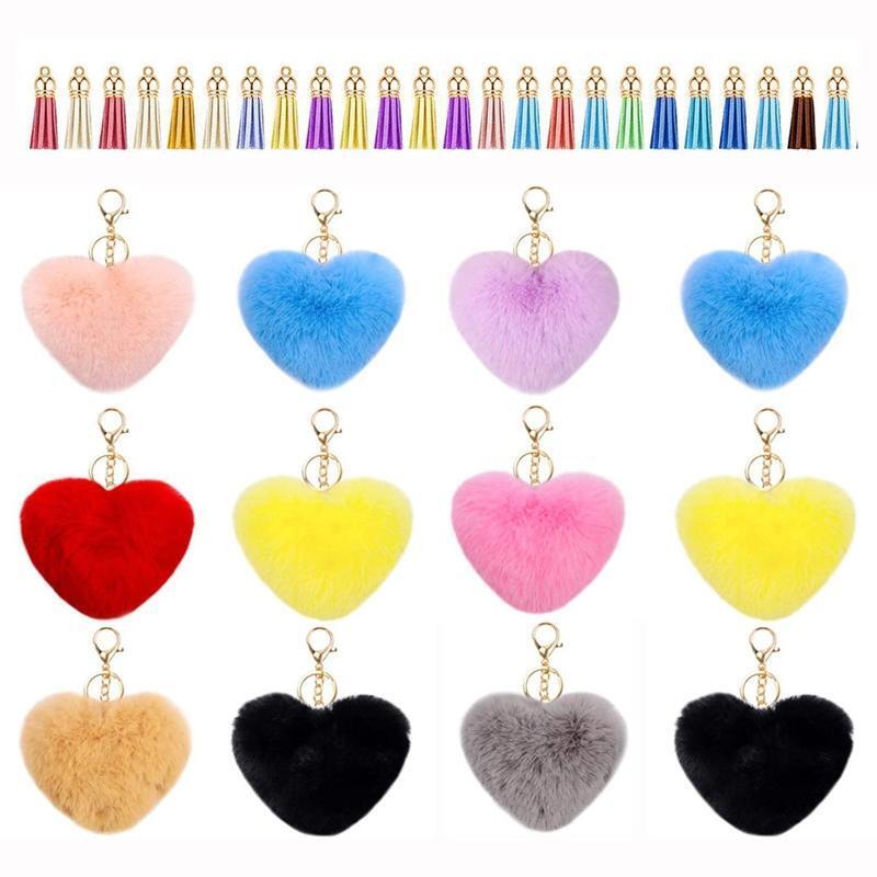 Faux Fur Pompoms Keychain with Tassels and Keyrings for Bag Charm Accessories