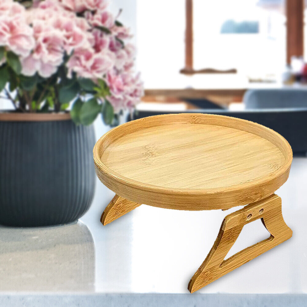Round Bamboo Wood Tray Foldable Portable Sofa Armrest Breakfast Tea Table
