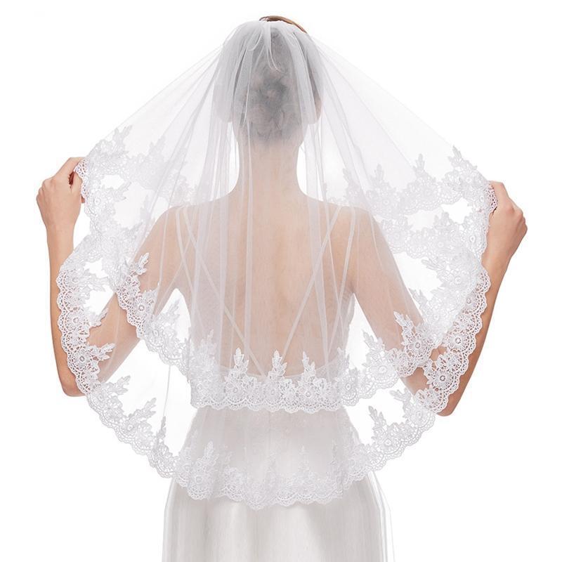 Bridal Veil with Comb 2 Tier Lace Applique Easy to Wear Elbow Length Sheer Tulle
