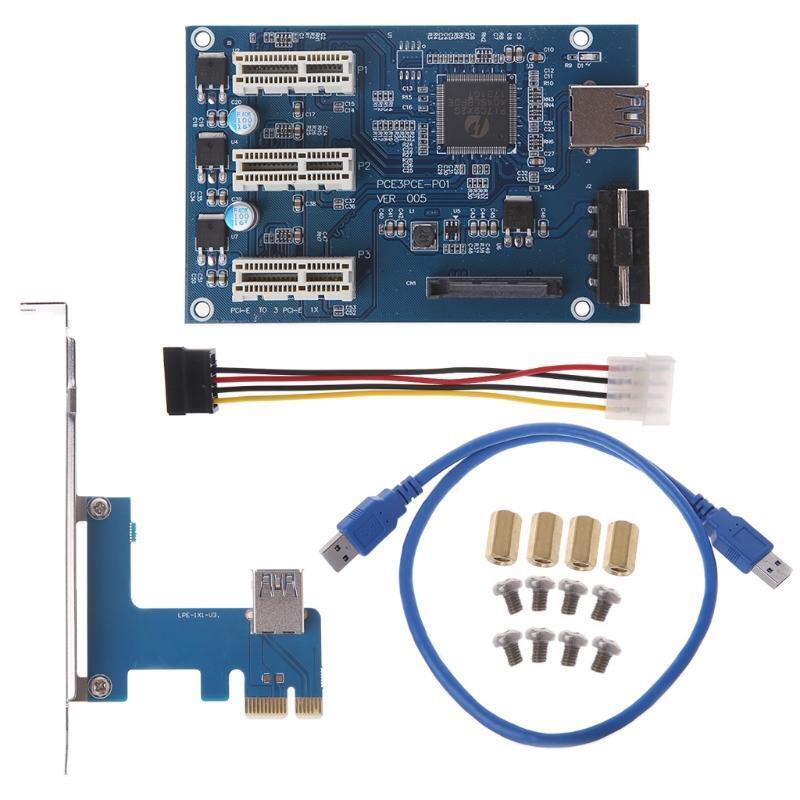 PCI-e Express 1X to 3 Port 1X Switch Multiplier HUB Riser Card +USB Cable 1PC