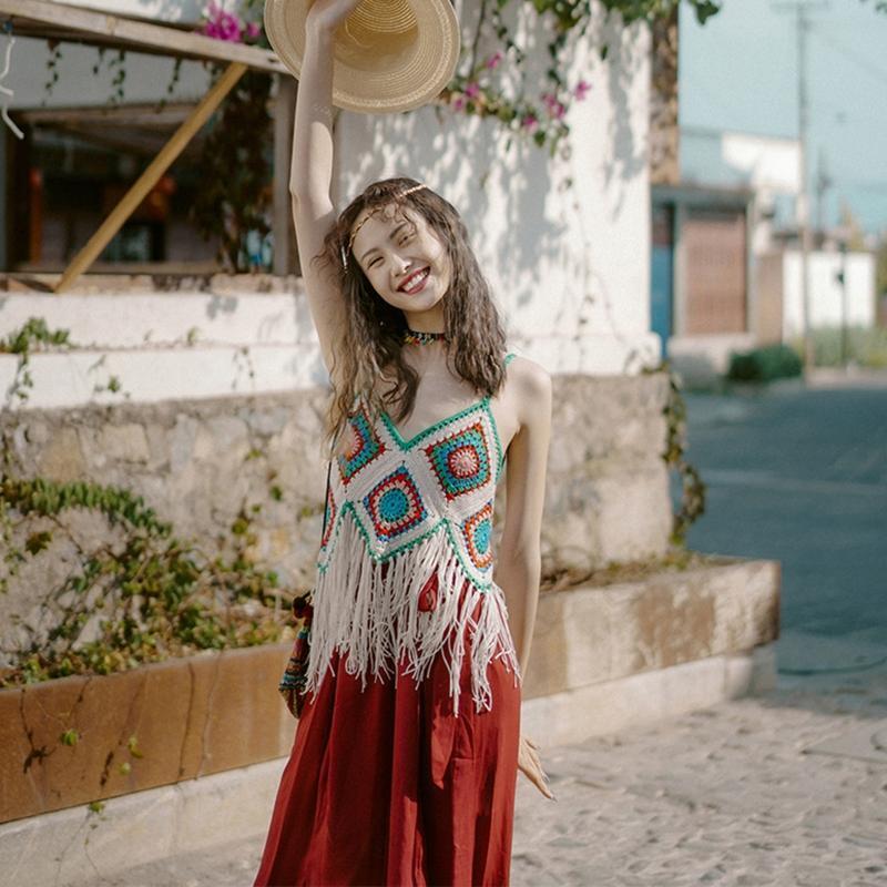 Women Boho Spaghetti Strap Camisole Crochet Contrast Color Plaid Tassel Crop Top