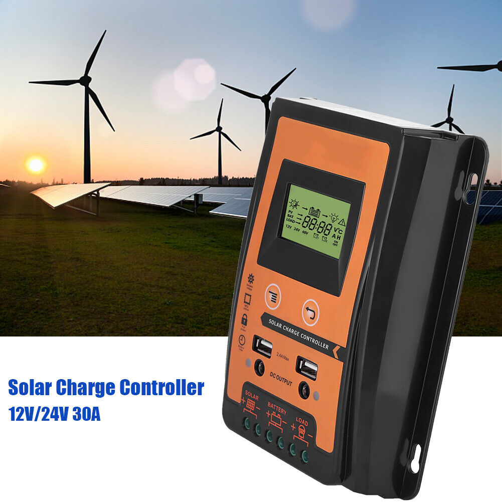 30A MPPT Solar Charge Controller Regulator with LCD Dual USB Output 12V 24V