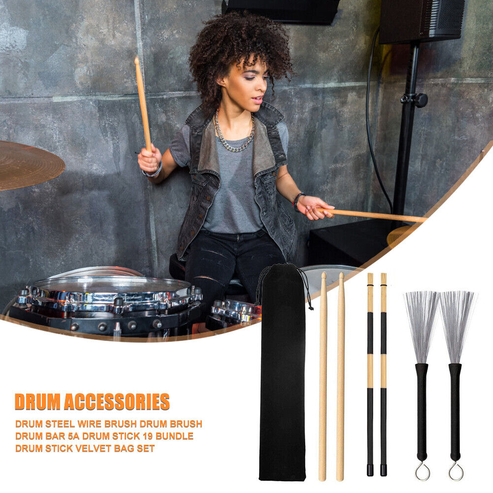 6x Drum Sticks Wood Drumsticks Wire Brush w/Carry Bag Percussion Instrument