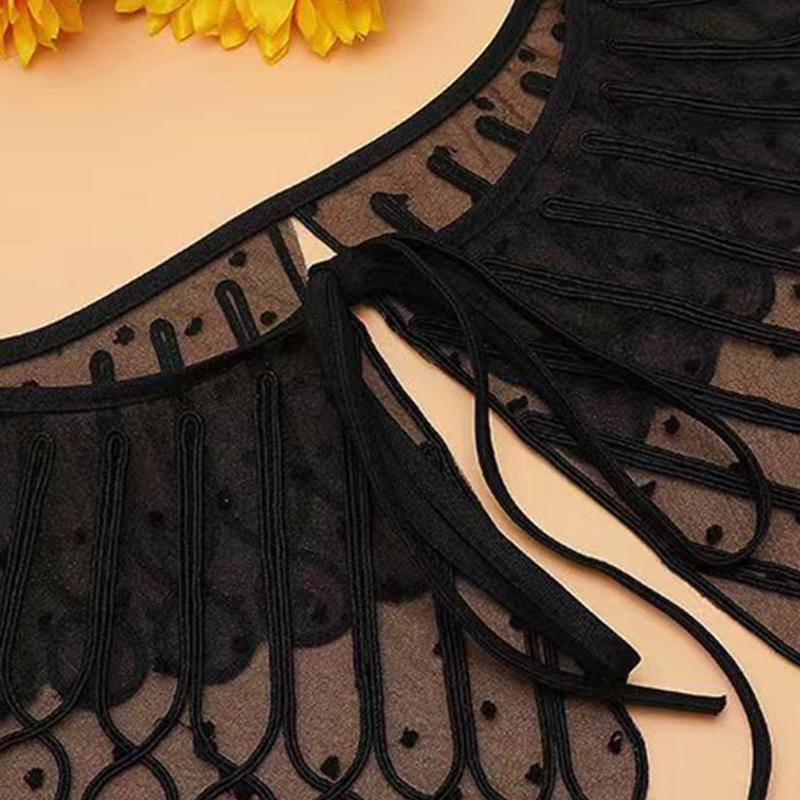 Women Emboridery Twist Striped Dot Collar Sheer Shawl Shrug Lace-Up Scarf Cape