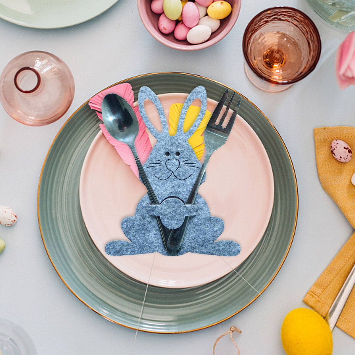 Cutlery Bag - Easter Bunny Dinner Table Decor Supplies 4 Pieces (Grey)