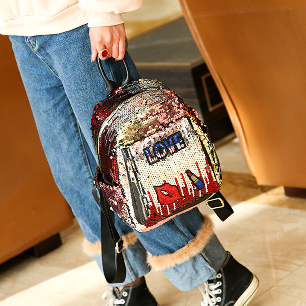 Sequins Backpack Women Girls Casual Preppy Style Lips Shoulder Bag(Red)-192