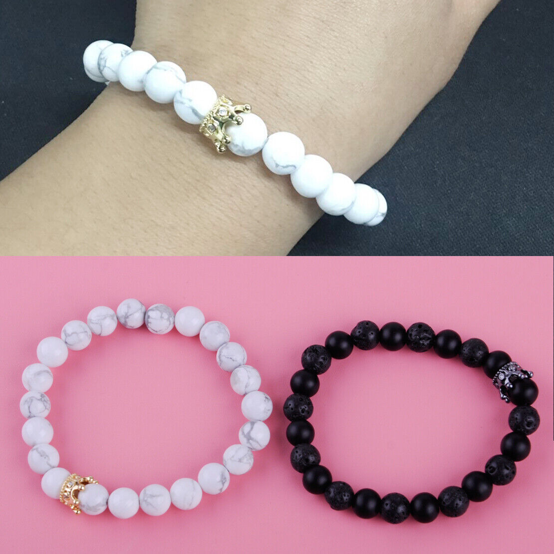 2x Couple His and Her Bracelet Black Matte Lava Stone White Howlite 8mm Beads Ld