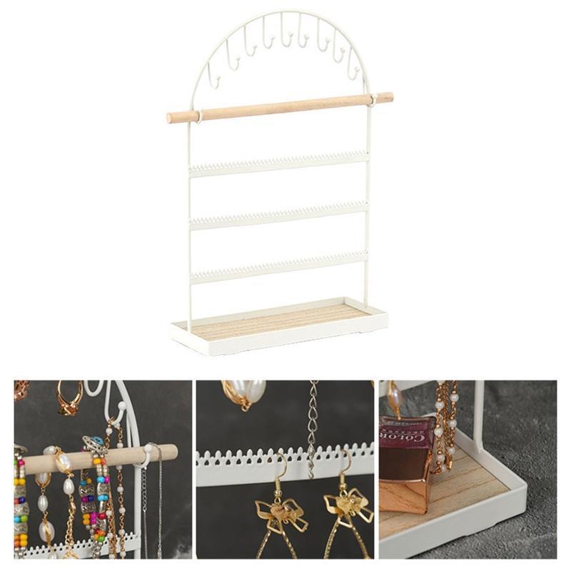 Tiered Jewelry Display Rack Metal Jewelry Organizer with Wooden Tray & Hook