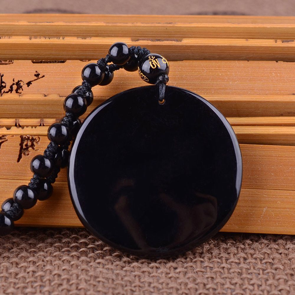 Reiki Handmade Lucky Pendant Obsidian Necklace Dragon Phoenix Carved BaGua