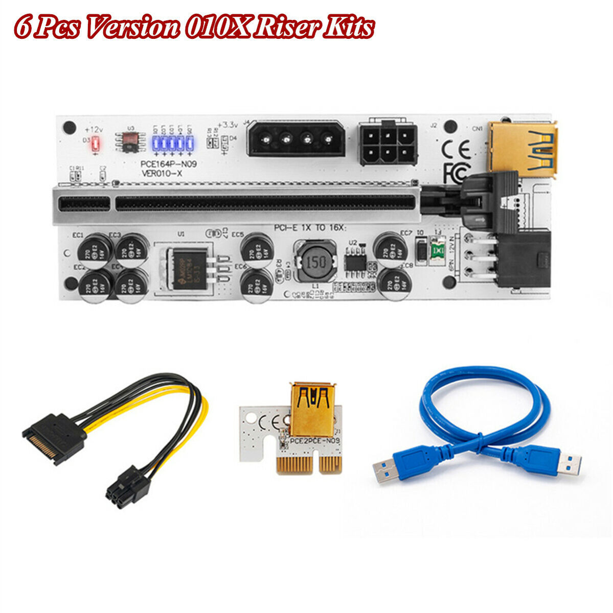 6 Pcs PCIE Riser 010X USB 3.0 Riser Cable PCI-E 1X Adapter Card SATA Power Cable